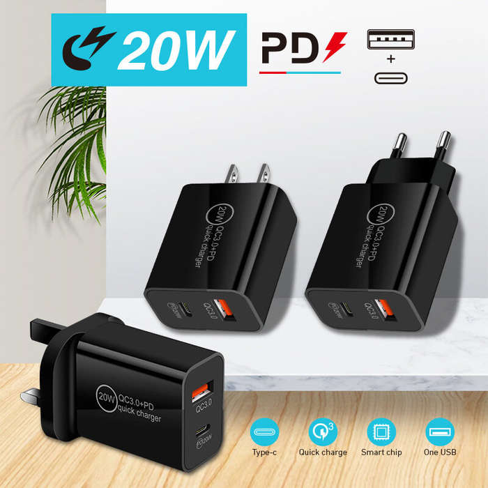 Black - PD20W 2-Port USB PD Charger Dual 20W USB-C PD3.0 QC3.0 Fast Charging Wall Charger Adapter EU