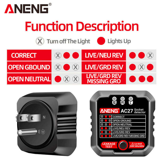 US Plug (White) - ANENG AC27 Smart Socket Tester EU/US Plug Polarity Phase Check Voltage Detector Te