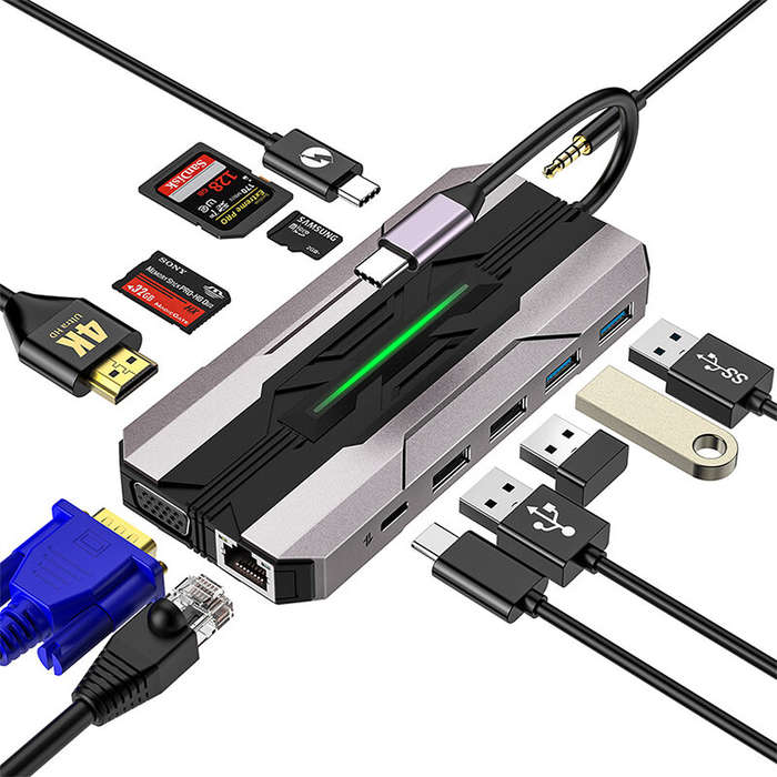 13-in-1 USB 3.0 Type-C Docking Station with USB2.0*2 USB3.0*2 USB-C Data PD100W USB-C 4K@30Hz HDMI 1