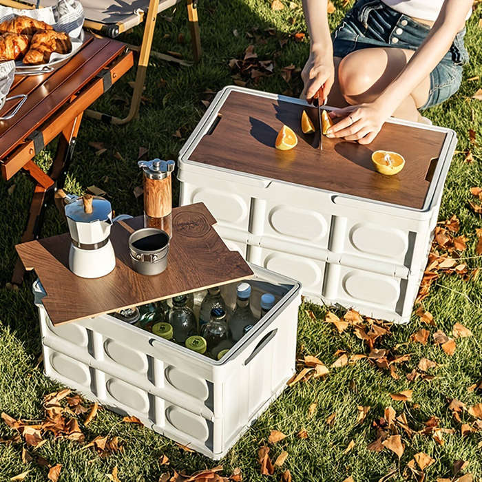 #01 - 30L Outtdoor Folding Box Storage Box Camping Storage Box Car Trunk Storage Box Wooden Cover Fo