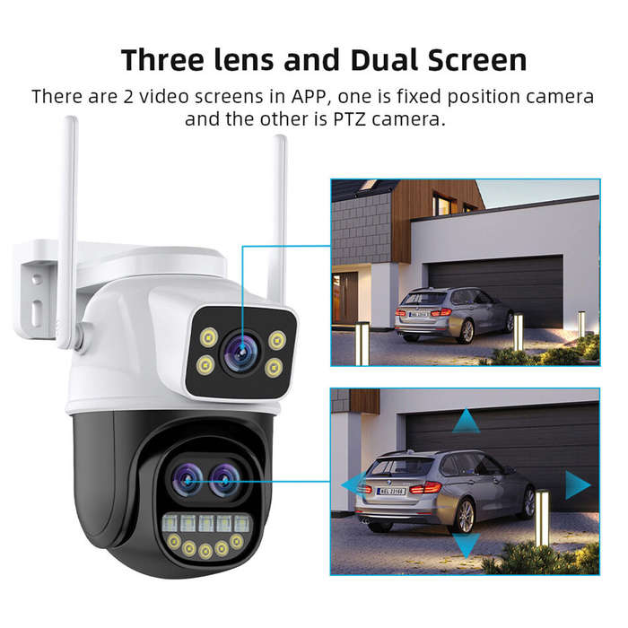 Black/White - Three Lens 9MP HD 8X Zoom Security Camera WiFi Outdoor IP66 Waterproof Human Detection