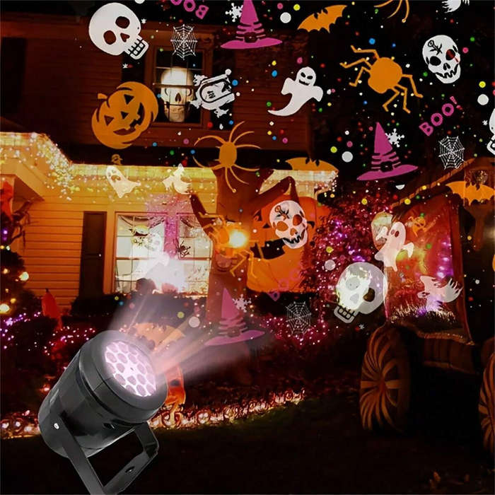 EU Plug - 16 Patterns Halloween Atmosphere Decoration Light Halloween Projection Lamp LED Fantasy Li