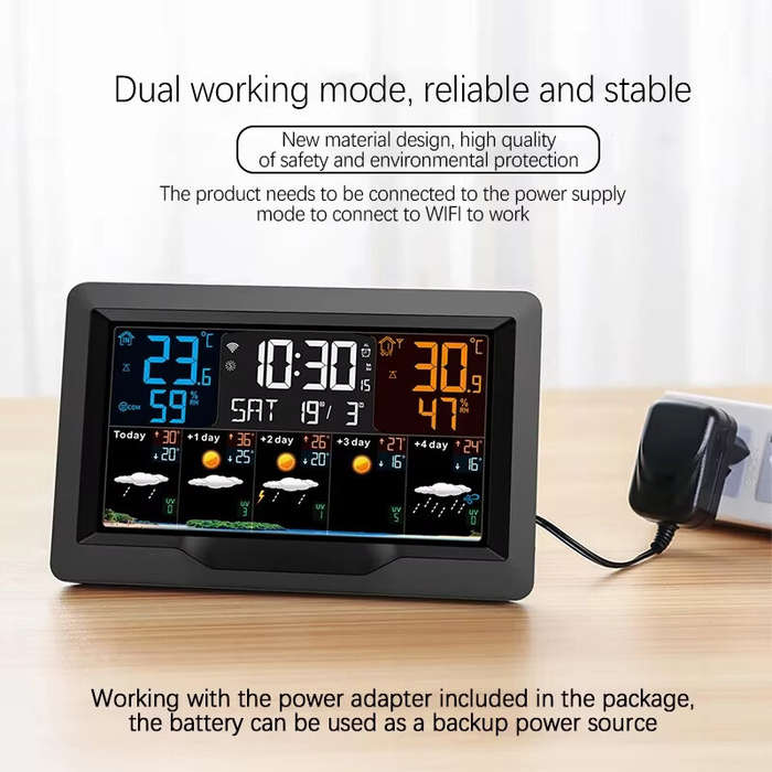 EU Plug - Tuya WiFi Weather Station Color Screen Indoor Outdoor Temperature Humidity Monitor Multifu