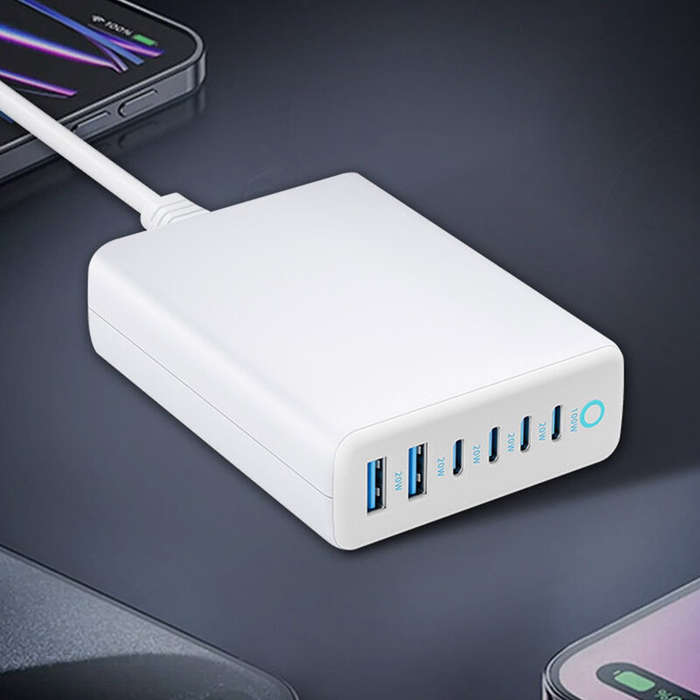 White - [GaN Tech] 200W 6-Port USB Charger 2USB-A+4USB-C Fast Charging Desktop Charging Station EU P