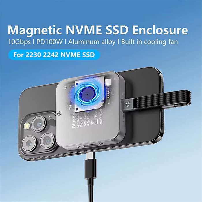 Grey - Blueendless Magnetic M.2 2230 2242 NVMe SSD Enclosure with Cooling Fan 100W PD Charging Type-