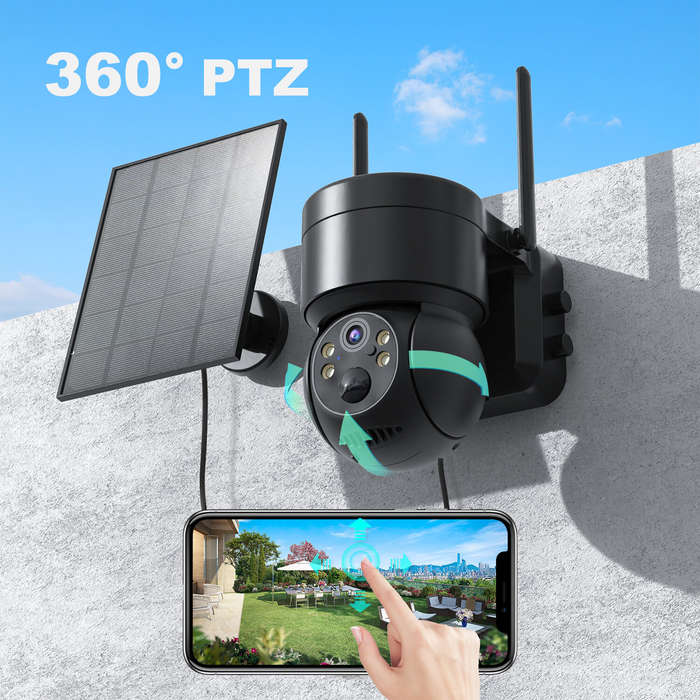 Black - 4MP WiFi Solar Camera HD Wireless Surveillance IP Cam with Solar Panel 4X Zoom Human Detecti