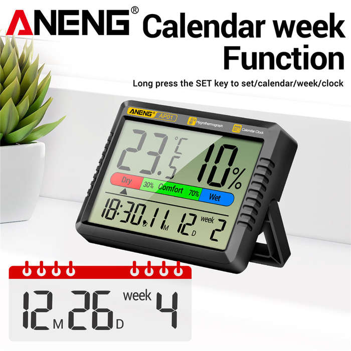 White 2 - ANENG AP01 Hygrometer Clock Calendar Snooze Mode LCD Display Temperature Range -10~50C Hum