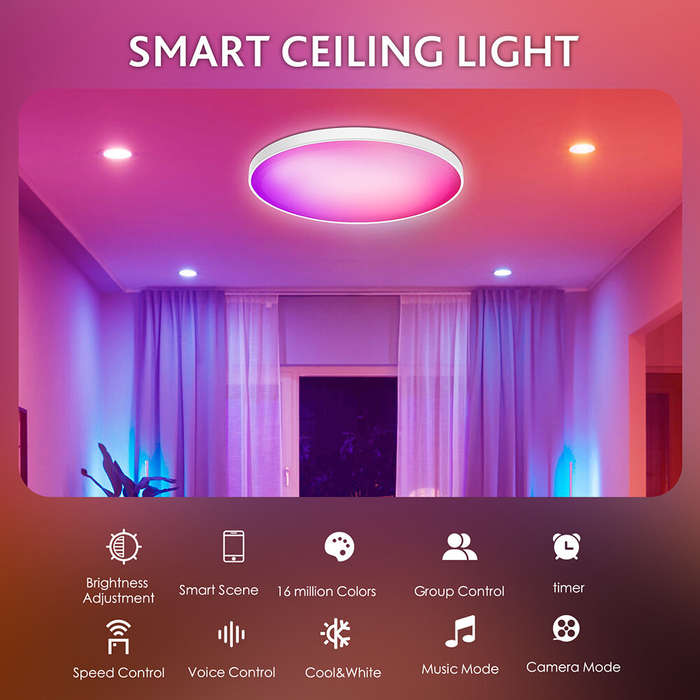 White - Elfeland 30W Smart RGB Ceiling Light with WiFi Bluetooth Remote Control Dimmable APP & Voice