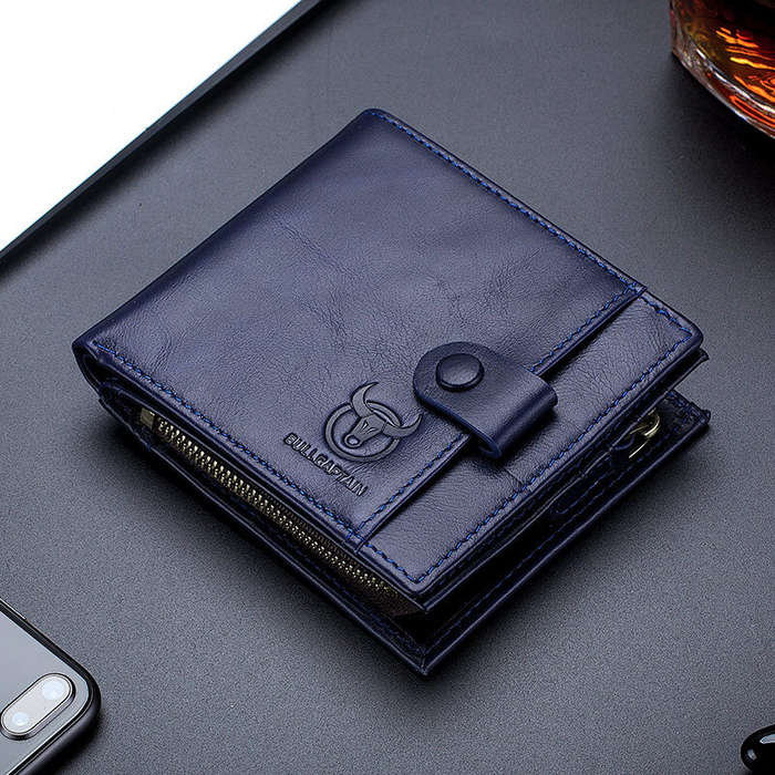 Black - BULLCAPTAIN Genuine Leather Men Short Wallet Casual Business Clutch Male Coin Purse Hasp Zip