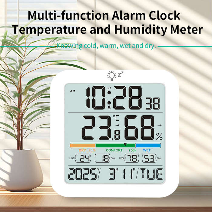 White - TS-8080 Large Screen Digital Thermometer Hygrometer Alarm Clock with Temperature Humidity Mo