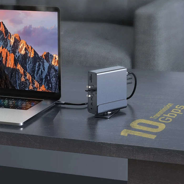 Grey - 15-in-1 Type-C Vertical Docking Station with 10Gbps USB-C / USB3.0 / USB2.0 / PD100W / 4K DP/