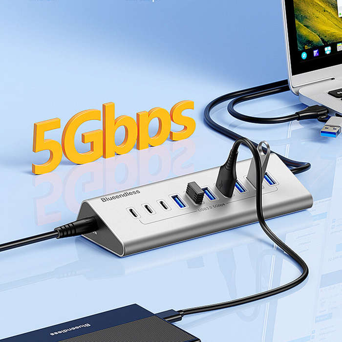 10 in 1 - HU105C 10-in-1 USB-A/Type-C Hub Docking Station USB Adapter with USB3.0-A*7 USB3.0-C*3 Mul