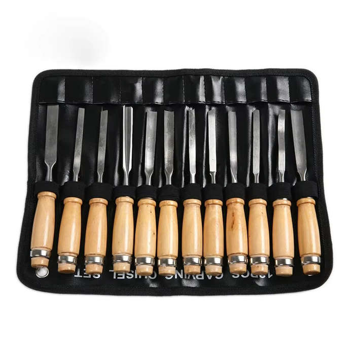 #A - 12PCS Wood Carving Chisel Set Alloy Steel Blades 8 Inches Polished Finish Chrome Ferrules Ergon