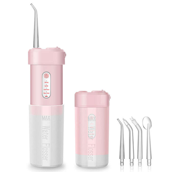 Pink - Portable Cordless Water Flosser with 4 Modes & 4 Nozzles Rechargeable IPX7 Waterproof 200ml T