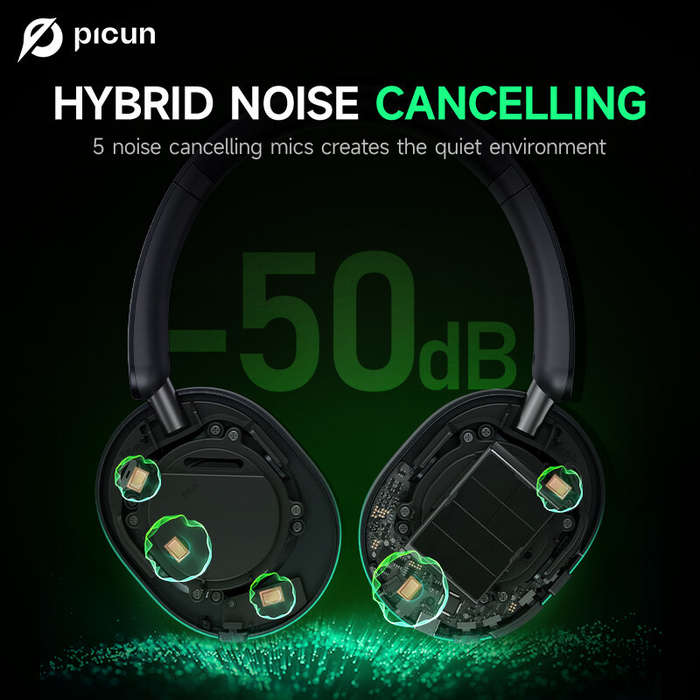Silver - Picun F6 Wireless bluetooth Headset ANC Headphone -50dB Active Noise Cancelling 45mm Dynami