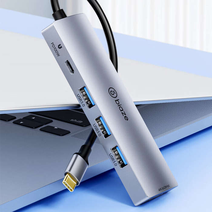 Grey - BIAZE 5-in-1 Type-C Docking Station with USB3.0 5Gbps Transmission PD100W Type-C Fast Chargin