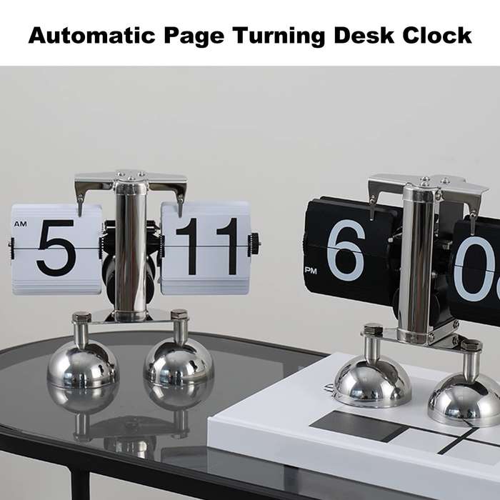 Black - Vintage European Style Mechanical Flip Clock with Dual Feet Page Turning Clock Stainless Ste