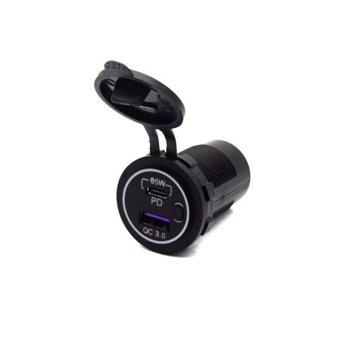 Dual USB QC3.0 Fast Charging + PD Port 65W High Power 2 Ports Car Charger with Blue LED Light for iP