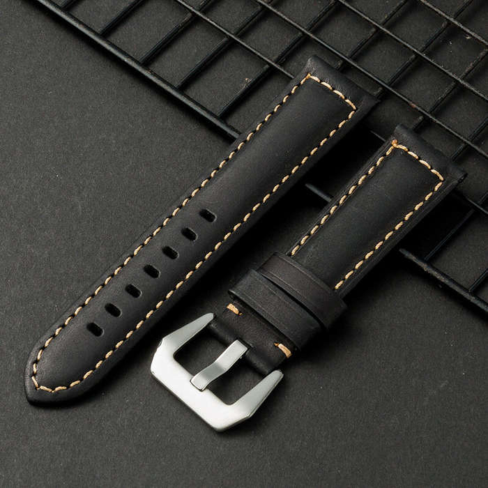 Bright Black - 22mm Multi-color Hand-sewn Retro Cow Leather Smart Watch Band Replacement Strap
