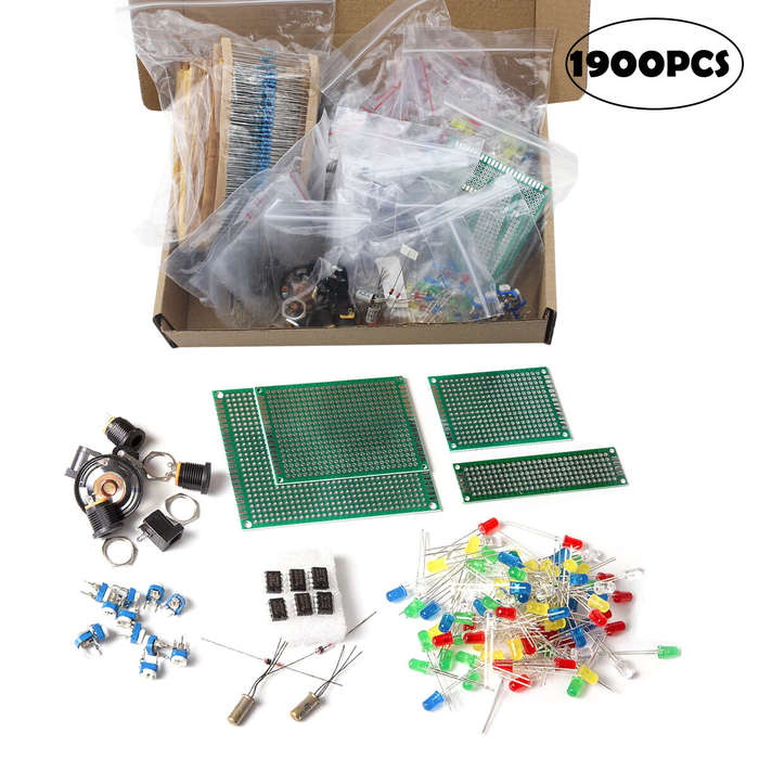 DIY Kit - 1900PCS Electronic Components Kit Capacitors Resistors Diodes Transistors LEDs PCBs Compre