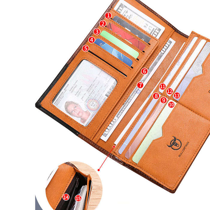 Yellow - BULLCAPTAIN Genuine Leather Mens Long Wallet Large-capacity Coin Purse RFID Blocking Credit