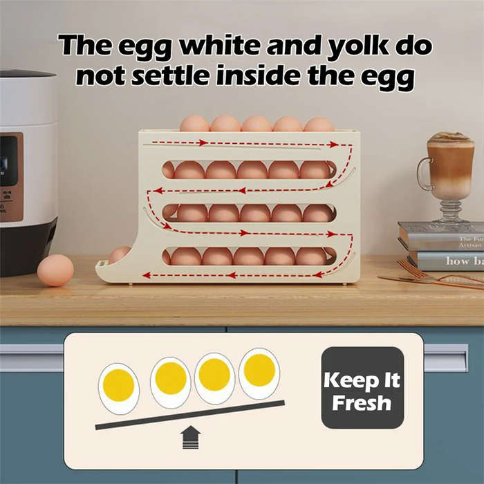 Cream - Automatic Scrolling Egg Rack Holder High Capacity Storage Box with Individual Egg Recess for