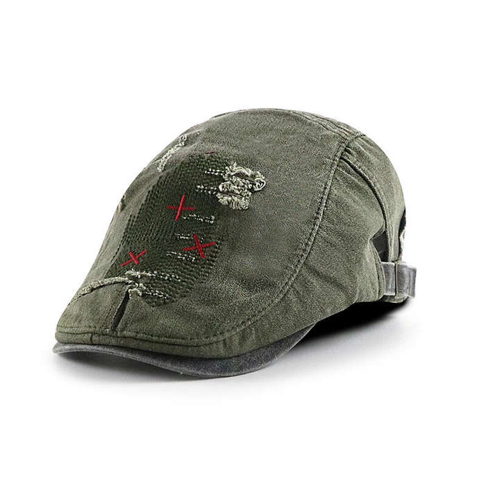 Army Green - Collrown Denim Beret Hat Vintage Casual Flat Hat for Men Embroidery Patchwork Aged Peak