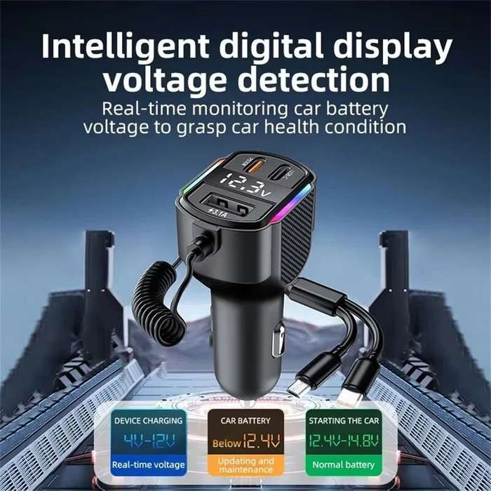 Black - High Speed Car Charger 2 in 1 Retractable USB Cable PD 30W with 3 Ports for Efficient Phone