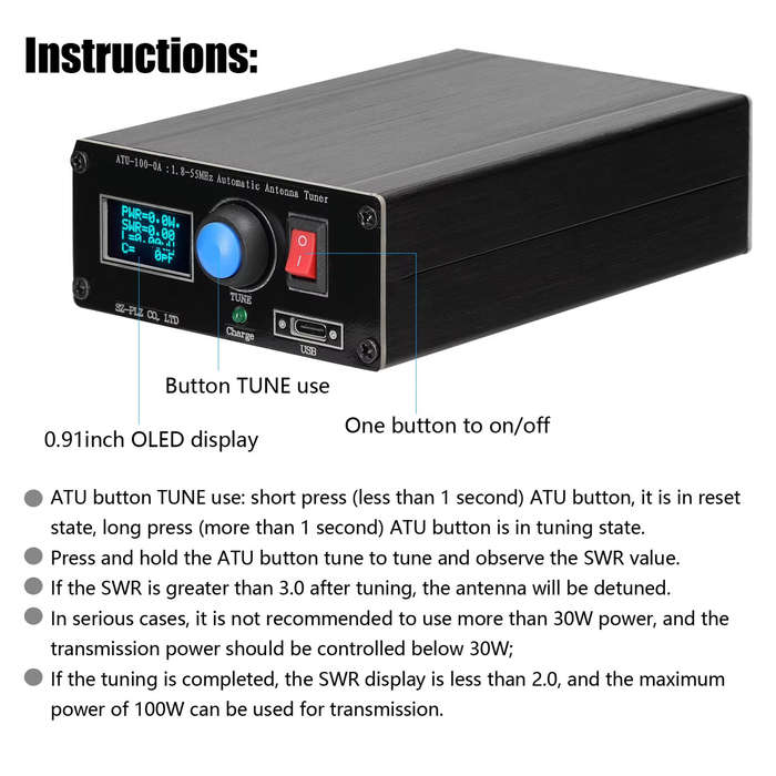 Black - ATU-100-0A 1.8-55MHz Mini Automatic Antenna Tuner 0.91inch OLED Display Aluminum Alloy Outca