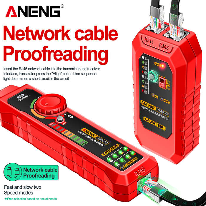 Red - ANENG M469C Network Line Finder RJ11 RJ45 Cable Tracer 9V Battery Flashlight Auto Shutdown Low