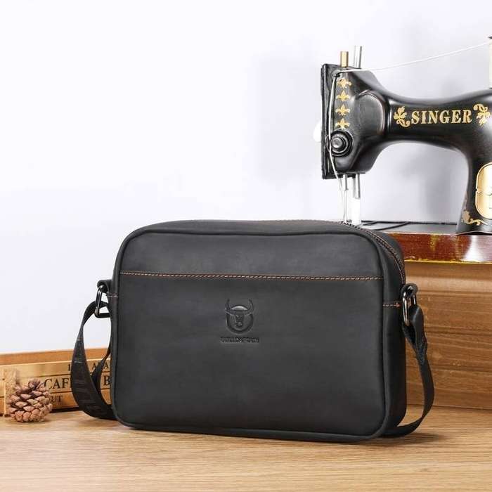 Coffee - BULLCAPTAIN Men's Genuine Leather Shoulder Bag Retro Large Capacity Travel Bag Crazy Horse