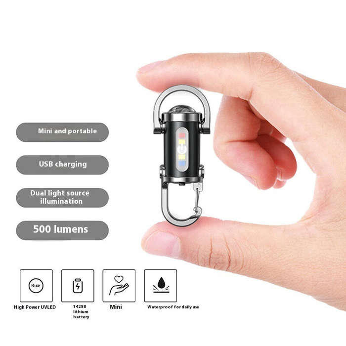 Black - Multifunctional Mini LED Keychain Flashlight with UV Light USB Rechargeable Waterproof LED K
