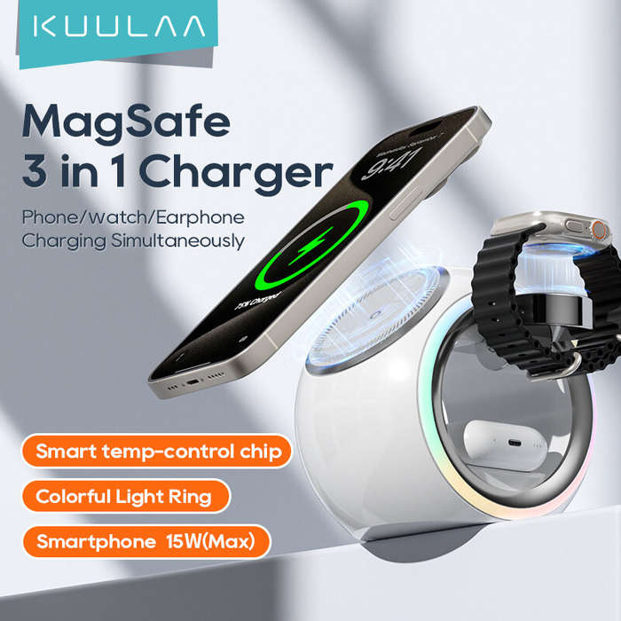 White - KUULAA KL-CD70 15W RGB Wireless Capsule Charger Fast Wireless Charging Stand for Smart Phone