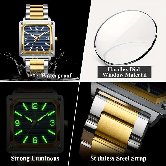 Gold+Green - POEDAGAR Luxury Fashion Men's Square Business Quartz Watch Waterproof Luminous Stainles