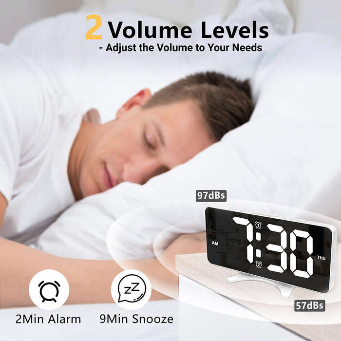 White - Smart LED Mirror Digital Clock Alarm Clock LED Digital Clock Auto Dimming Mirror Rechargeabl