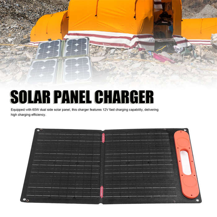 Black - 60W Monocrystalline Solar Panel Charger IP65 Waterproof ETFE Magnetic Handle USB 9V PD Outpu