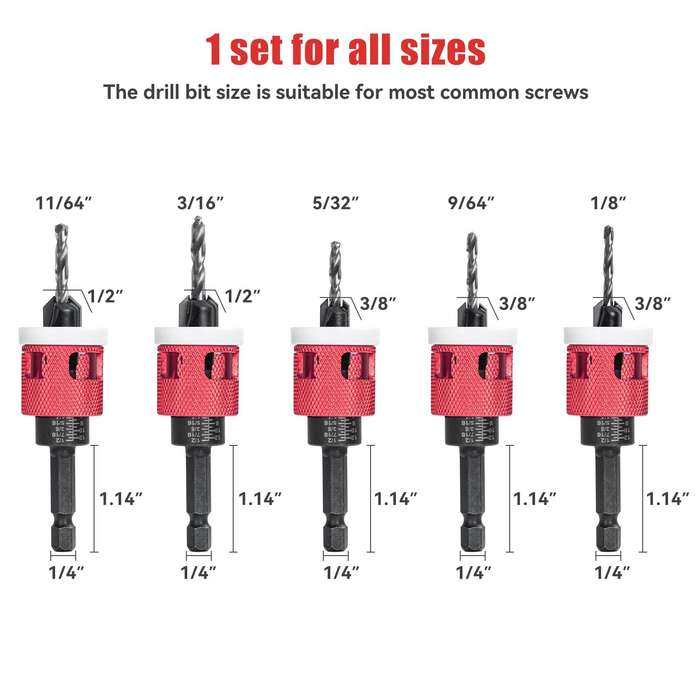 5Pcs - 5PCS 1/4 Inch Hex Shank Countersink Drill Bits Set with Low Friction Stop for Wood Plastic MD