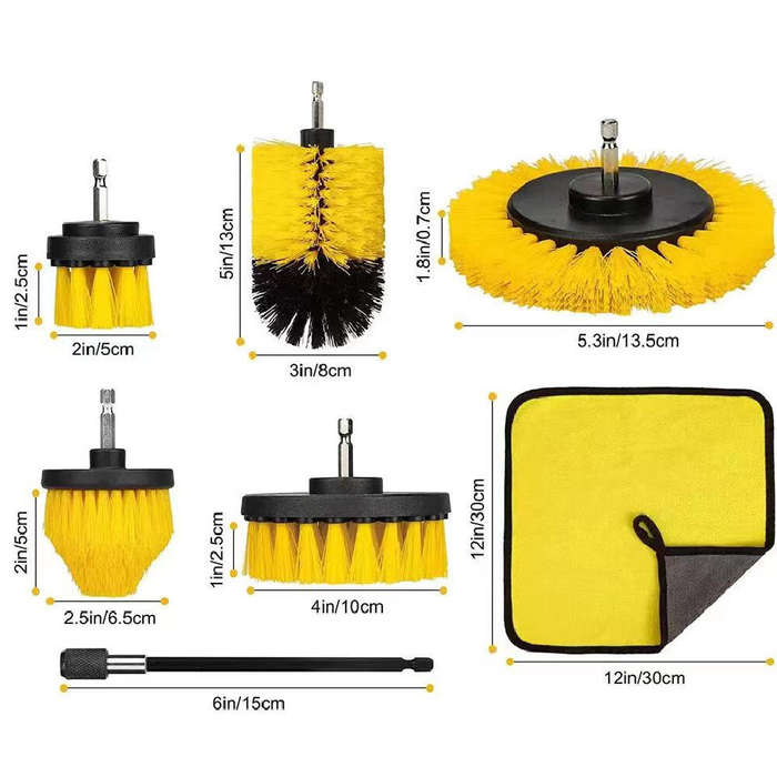 Yellow - 7PCS Set of Drill Brush Cleaning Set Multiple Sizes Nylon Bristles Attachments Extension Ro
