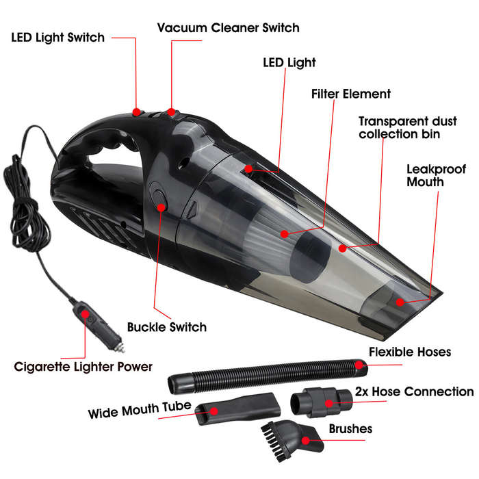 Silver - 120W Portable Auto Car Handheld Vacuum Cleaner Duster Wet & Dry Dirt Suction with LED Light