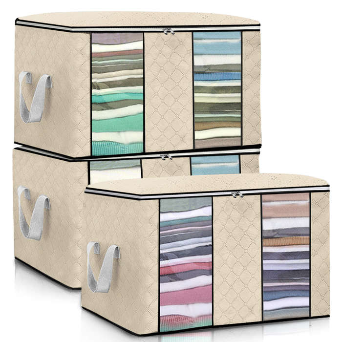 Beige - KING DO WAY 3PCS Clothes Storage Bag Non-woven Fabric Two-window Foldable Storage Bag