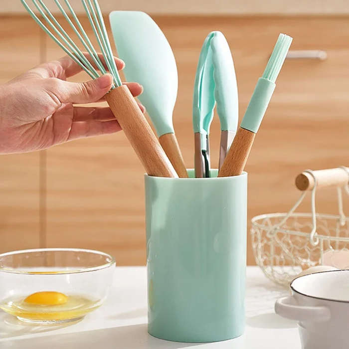 White - 12PCS Food Grade Silicone Kitchenware Cutlery Turner Spatula Measuring Spoon Practical Cooki