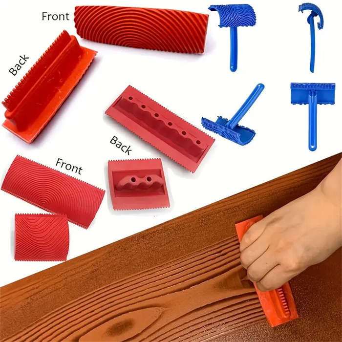 #A - 6PCS Wood Graining Tool Set DIY Faux Wood Grain Roller Painting Tool with Handles Plastic Rubbe