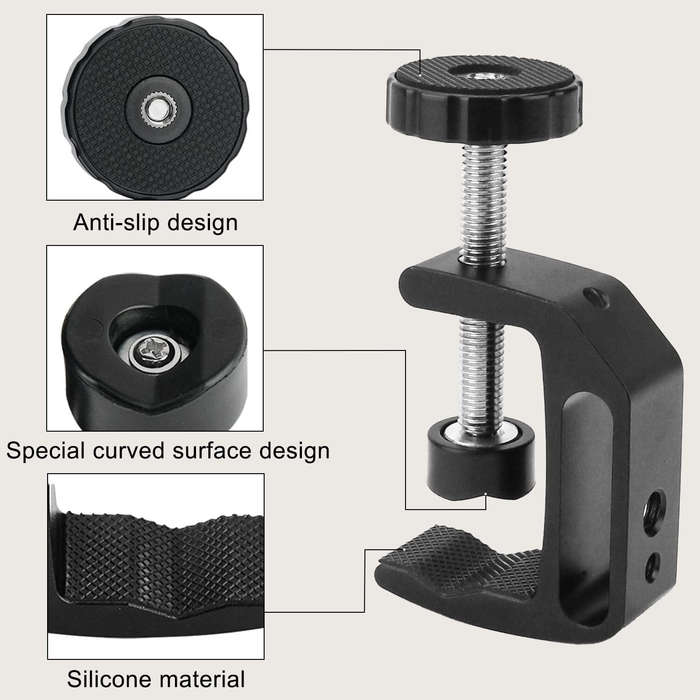 Black - Universal C Clamp Adjustable Black Aluminum Alloy 1/4 3/8 Thread Hole Anti Slip Design Desk