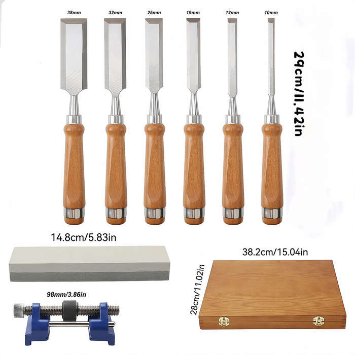 8 PCS - High Carbon Steel Woodworking Chisel Set 8pcs Ergonomic Wooden Handle Sharp Blade Widths 10-