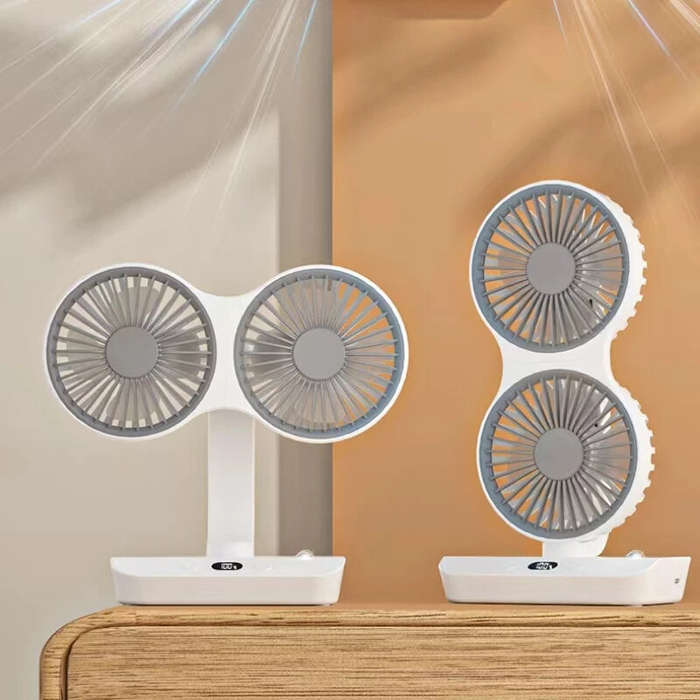 White - Double Head Desktop Oscillating Fan,360Rotation USB Rechargeable 4000mAh Battery Powered Por
