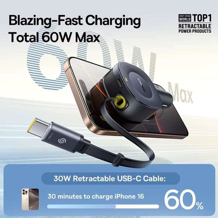 Black - Baseus Primetrip VR2 30W 2-Port USB Car Charger Adapter Retractable USB-C Cable+USB-C Port S