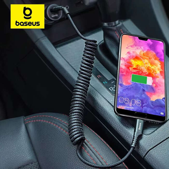 Black - Baseus Fast Charging Type C Cable Spring Telescopic Car Phone Charger Cable For Samsung Xiao