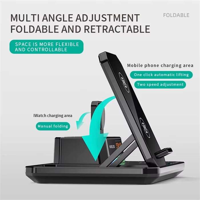 Black - 6-in-1 Desktop Charger with Wireless Fast Charging Bluetooth Speaker RGB Light Multi-Device