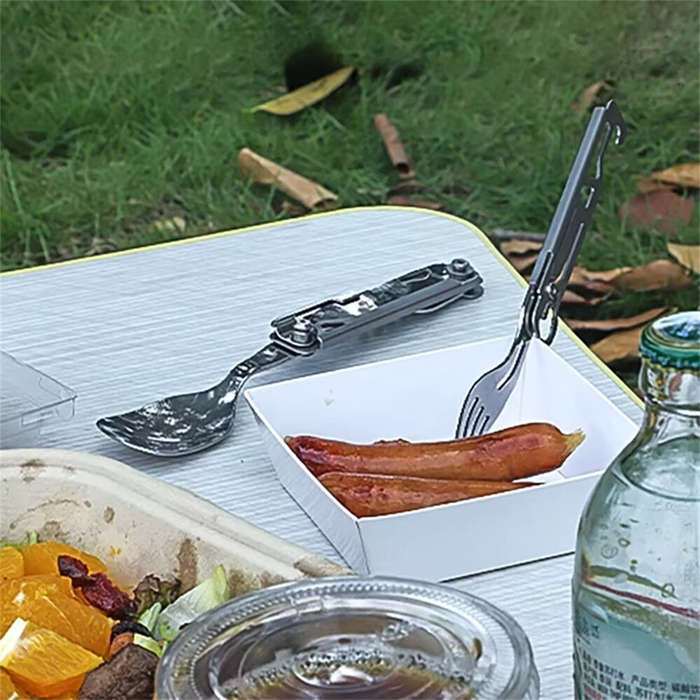 Silver - IPRee Outdoor Stainless Steel Multifunctional Camping Folding Knife Fork and Spoon Camping