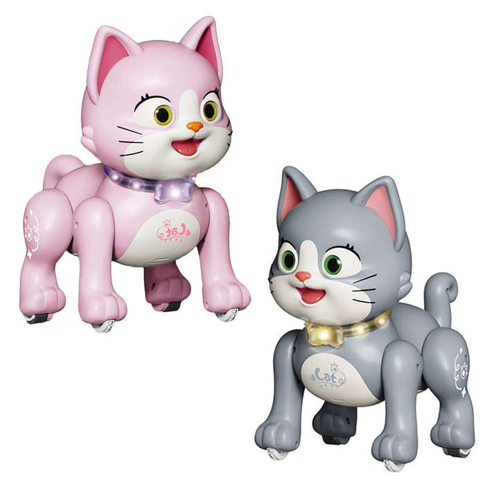 Grey - 2.4GHz Remote Control Robot Pets Cat Rechargeable Cute Lighting and Music Robot Cat Toys for